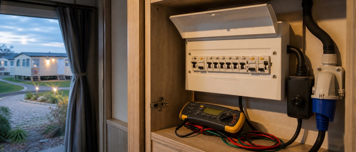 Static caravan electrics realistic UK holiday park example